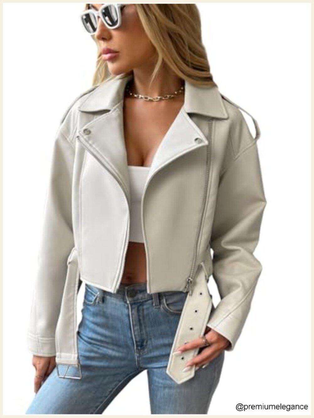 Faux Leather Cropped Jacket with Belt Vegan Motor Biker Coat